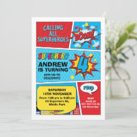 Boom coloré Superhero 4e anniversaire Invitation