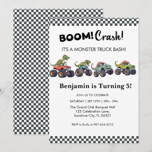 Boom Crash, Monster Truck Invitation Anniversaire (Devant / Derrière)