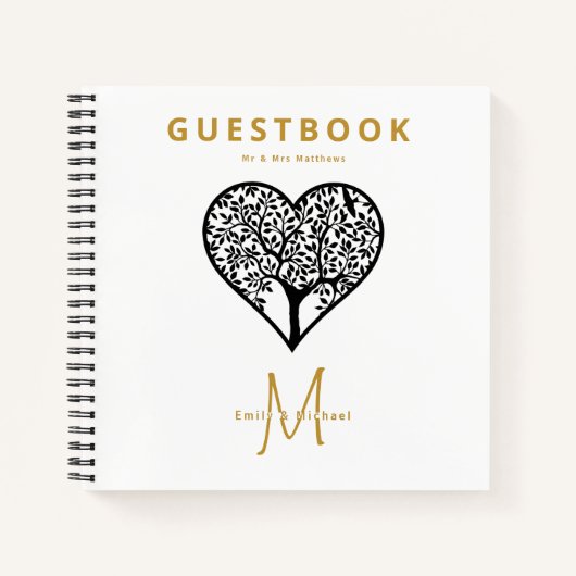 Boom des levens trouwgastenboek met monogram Goud Notitieboek (Voorkant)