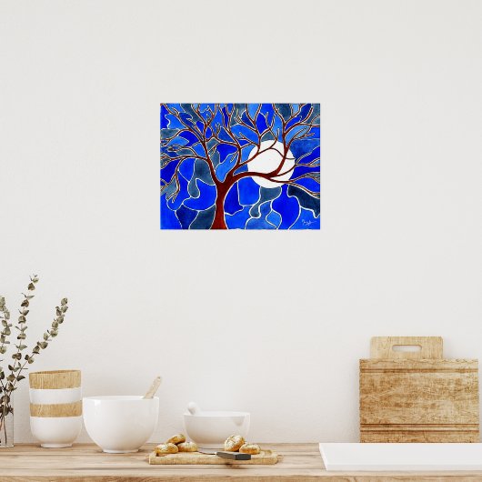 Boom en maan op Canvas - Blauw Poster (Keuken)