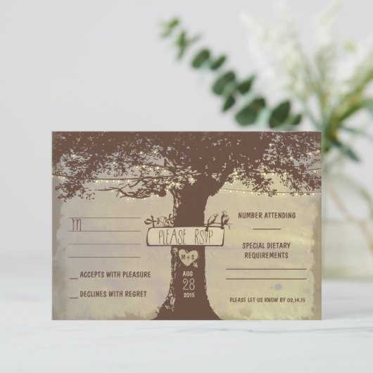 boom en string lichten bruiloft RSVP kaarten (Staand voorkant)