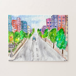 Boom Lined Street Waterverf Ink Illustration Art Legpuzzel
