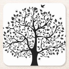 Boom met zwart en wit leven vierkante kartonnen onderzetter