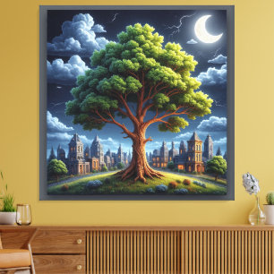 Boom onder maanlicht in een rustige stedelijke omg canvas afdruk