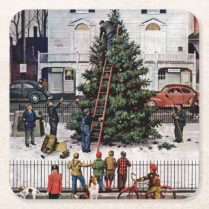 Boom op het stadsplein vierkante kartonnen onderzetter