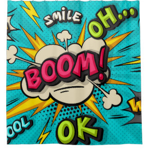 Boom pop-kunstwolkenbubbel. Lachen, wow, pow, cool Douchegordijn
