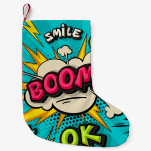 Boom pop-kunstwolkenbubbel. Lachen, wow, pow, cool Kleine Kerstsok
