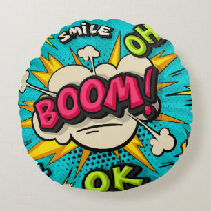 Boom pop-kunstwolkenbubbel. Lachen, wow, pow, cool Rond Kussen