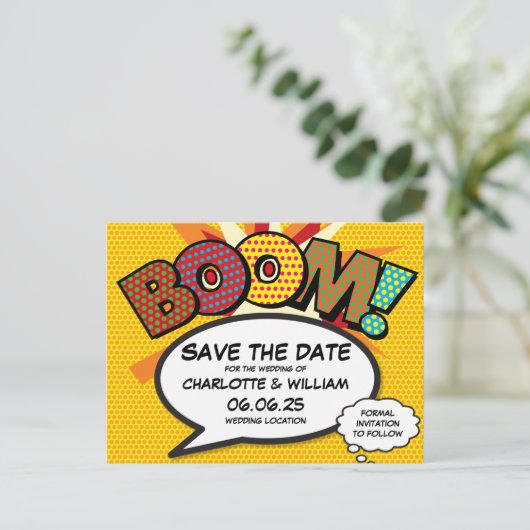 BOOM Save the Date Fun Modern Kleurrijk Aankondigingskaart (Staand voorkant)