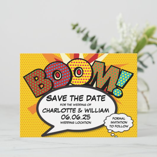 BOOM Save the Date Leuk Retro Strip Pop Art Kaart (Staand voorkant)