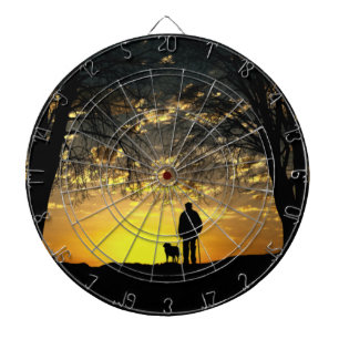 Boom Silhouette van Man en hond op zonsondergang Dartbord