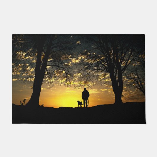 Boom Silhouette van Man en hond op zonsondergang Deurmat (Voorkant)