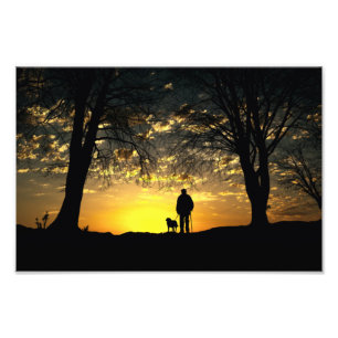 Boom Silhouette van Man en hond op zonsondergang Foto Afdruk