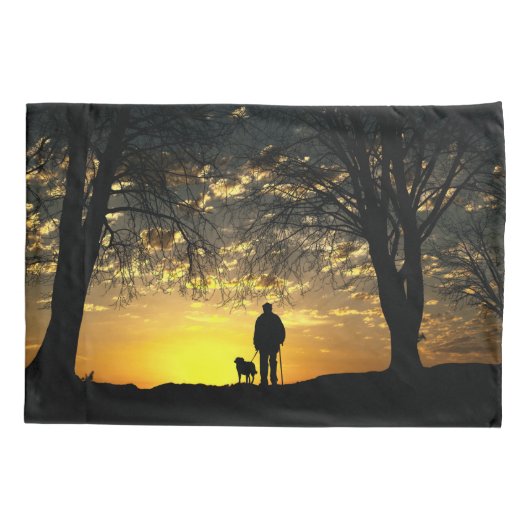 Boom Silhouette van Man en hond op zonsondergang Kussensloop (Achterkant)