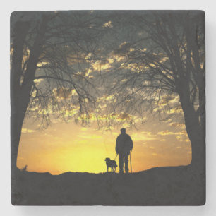 Boom Silhouette van Man en hond op zonsondergang Stenen Onderzetter