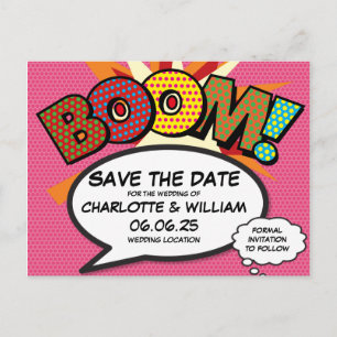 BOOM Sla de datum op Leuk Retro Strip Pop Art Aankondigingskaart