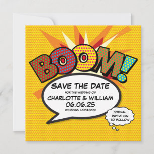 BOOM Sla de datum op Leuk Retro Strip Pop Art Save The Date