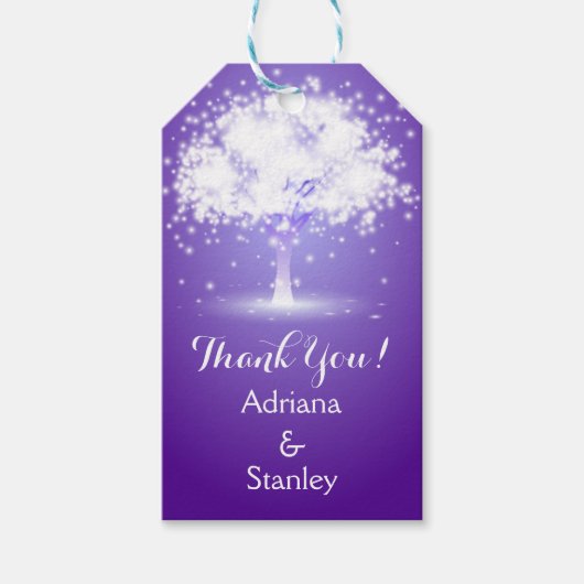 Boom & sprankelende lichten paarse bruiloft Dank u Cadeaulabel (Voorkant)