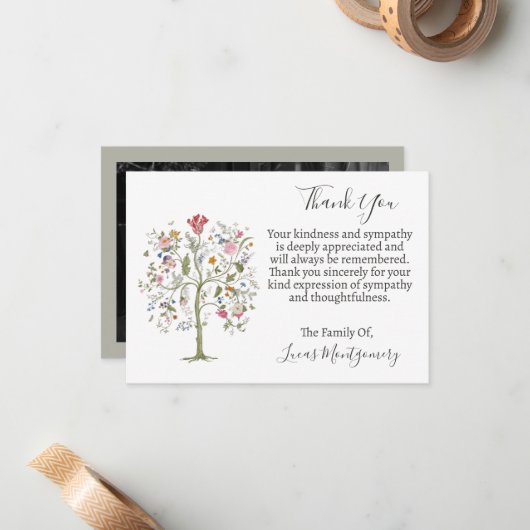 Boom van het leven begrafenisfoto dank u, sympathi notitiekaartje (Voorkant / Achterkant in situ)