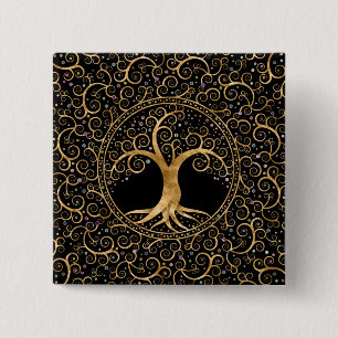 Boom van het leven Golden Spiral en Gemstenen Vierkante Button 5,1 Cm