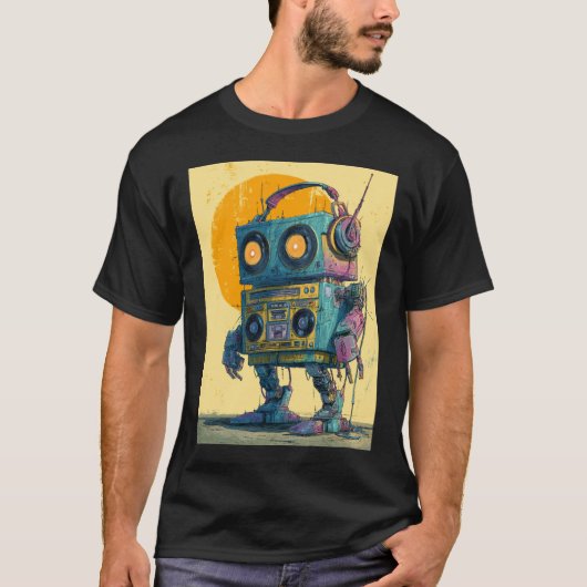 Boombox Bot Wanderer — Grunge Retro Mech T-shirt (Voorkant)