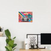 Boombox met tropische bladeren en bloemen poster (Thuiskantoor)