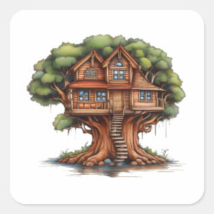 Boomhuis in redwood tree vierkante sticker