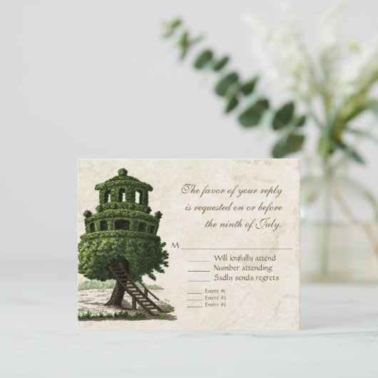 boomhuis leuk antiek perkament bruiloft RSVP kaartje (Staand voorkant)