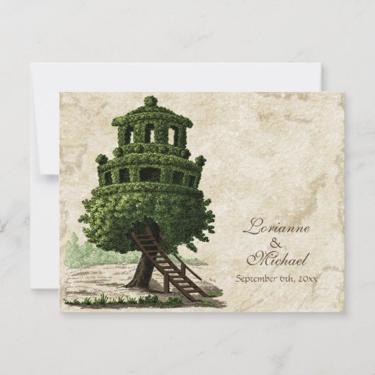 boomhuis leuk antiek perkament bruiloft RSVP kaartje (Achterkant)