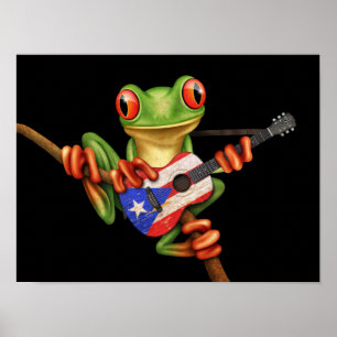 Boomkikker die Puerto Rico Flag Guitar Black speel Poster