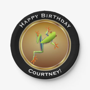 Boomkikker op Faux Gold Happy Birthday met naam Papieren Bordje