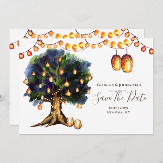 Boomlichten boom rustieke landelijke oriëntaalse l save the date (Voorkant / Achterkant)
