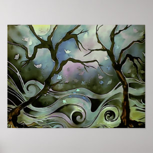 boomnachtscène volle maanzijde kunst schilderij poster