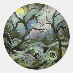 boomnachtscène volle maanzijde kunst schilderij ronde sticker
