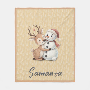 Boompatroon rendier sneeuwman oranje beige naam fleece deken
