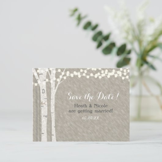 Boomstam Boom String Lichtjes Save the Date Trouwd Aankondigingskaart (Staand voorkant)