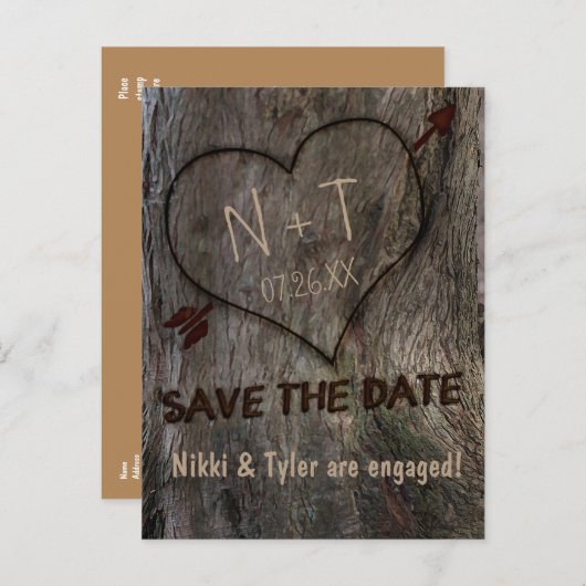 Boomstam + Gesneden Hart Save The Date Postkaart Aankondigingskaart (Voorkant / Achterkant)