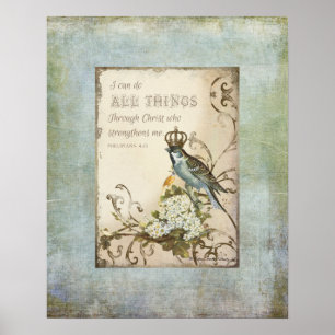 Boomvogels - Blauwe vogel met kroonflora Poster
