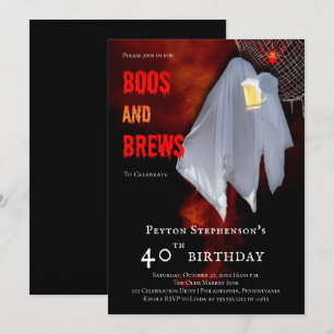 Boos and Brews Ghost Halloween 40th Birthday Party Kaart