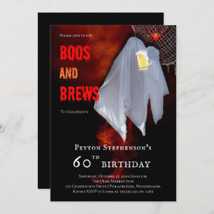 Boos and Brews Ghost Halloween 60th Birthday Party Kaart