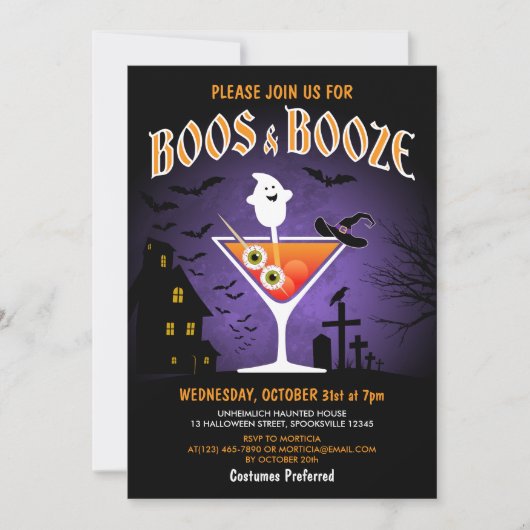Boos en Booze Volwassen Halloween Feest Kaart (Voorkant)