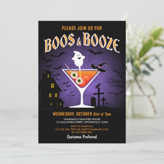 Boos en Booze Volwassen Halloween Feest Kaart (Staand voorkant)