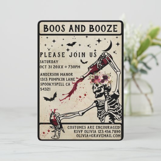 Boos en Booze Volwassen  Schedel Halloween Party Kaart (Staand voorkant)