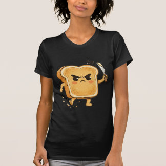 Boos karikaturaal toastkarakter met een botermesje t-shirt