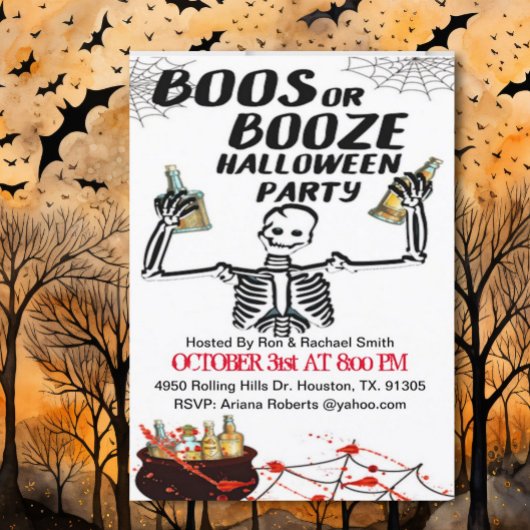 Boos Ou Booze Skeleton Halloween Invitation