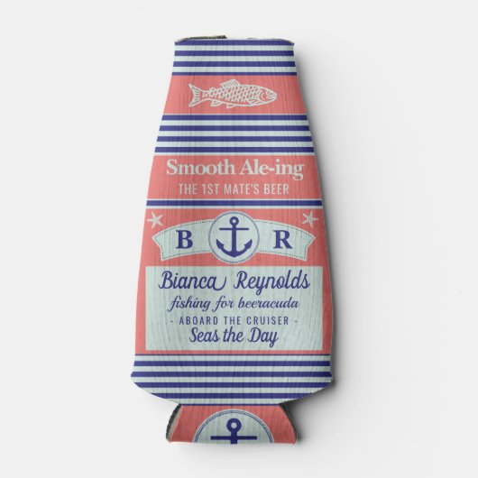 Boot 1e stuurman nautische zeeman gestreepte koraa flesjeskoeler (Voorkant)