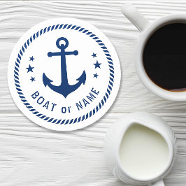Boot of Naam Anker Sterren Touw Blauw Wit Ronde Kartonnen Onderzetter
