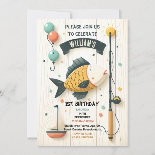 boot schattig jongen vis ofishally een 1e verjaard kaart (Voorkant)
