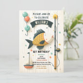 boot schattig jongen vis ofishally een 1e verjaard kaart (Staand voorkant)