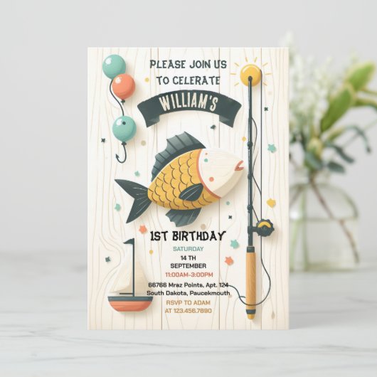 boot schattig jongen vis ofishally een 1e verjaard kaart (Staand voorkant)